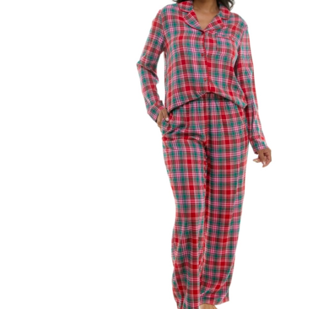 Roudelain Women's Notched-Collar Flannel Pajama Set with Lurex -   Size M NWT